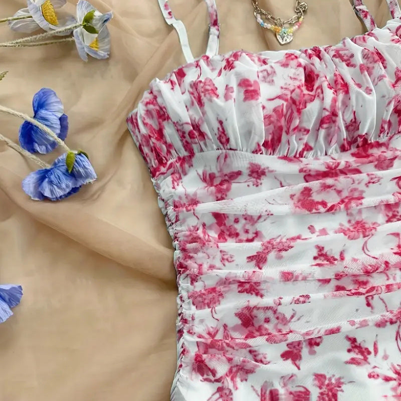 Boho Floral Spaghetti Strap Mini Dress – Ruched Ruffle Hem Vacation Sundress FitiqueFit