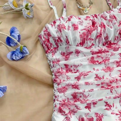 Boho Floral Spaghetti Strap Mini Dress – Ruched Ruffle Hem Vacation Sundress FitiqueFit