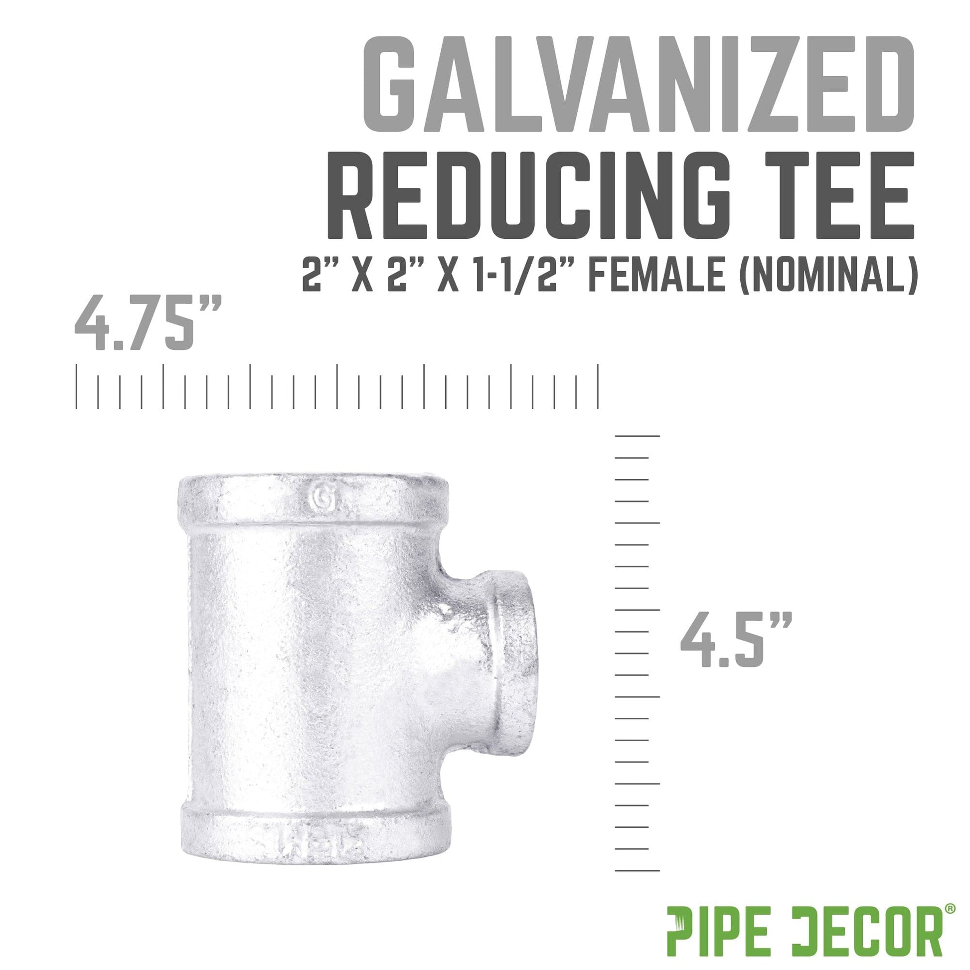 2 in. x  2 in. x 1 1/2 in. Galvanized Iron Reducing Tee PIPE DECOR