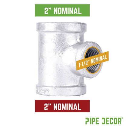 2 in. x  2 in. x 1 1/2 in. Galvanized Iron Reducing Tee PIPE DECOR