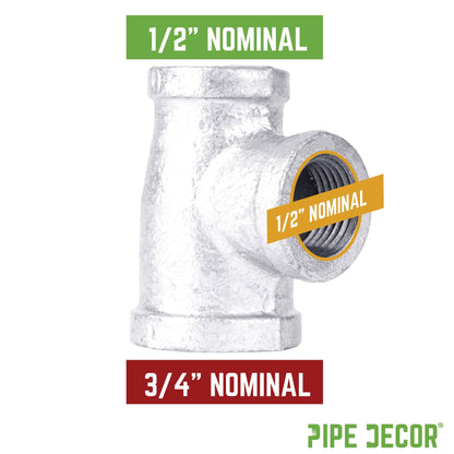 3/4 in. x 1/2 in. x 1/2 in. Galvanized Reducing Tee PIPE DECOR