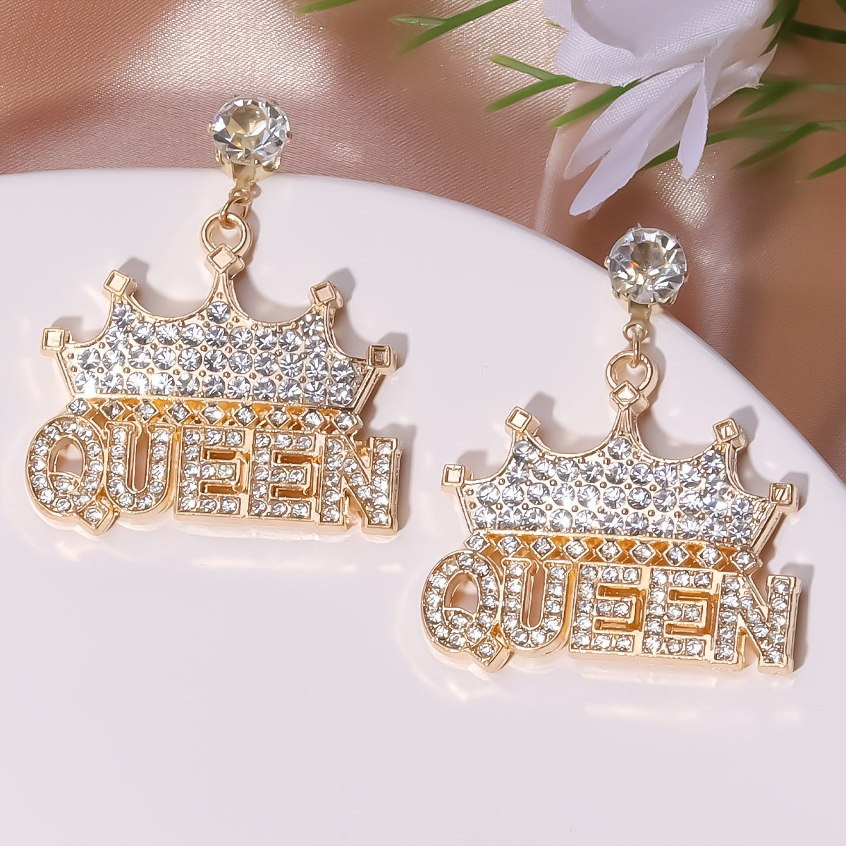 Exaggerated Rhinestone Drop Earrings Queen Letter Pendant Shiny Dangle Earrings All-match Women's Ear Jewelry NovaCart