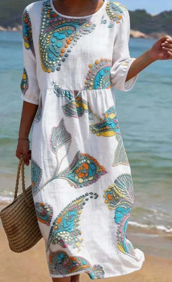 Women's 3D Floral Print Long-Sleeve A-Line Dress – Crew Neck Loose Fit FitiqueFit