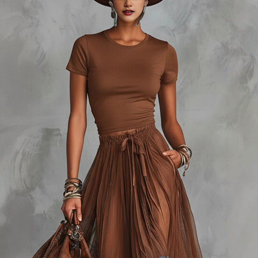 Short-Sleeve Top and Lace-Panel Midi Skirt Set FitiqueFit