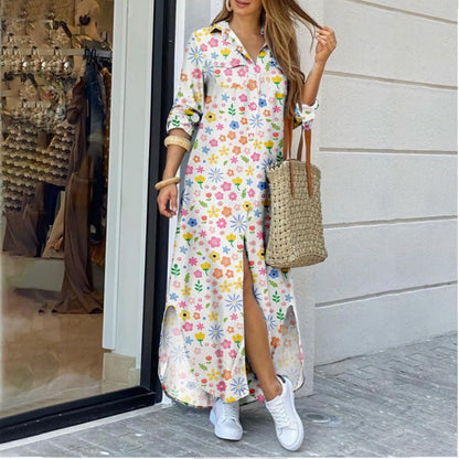 Women's Lapel-Collar Long Shirt Dress – Floral Print Midi Relaxed Fit FitiqueFit