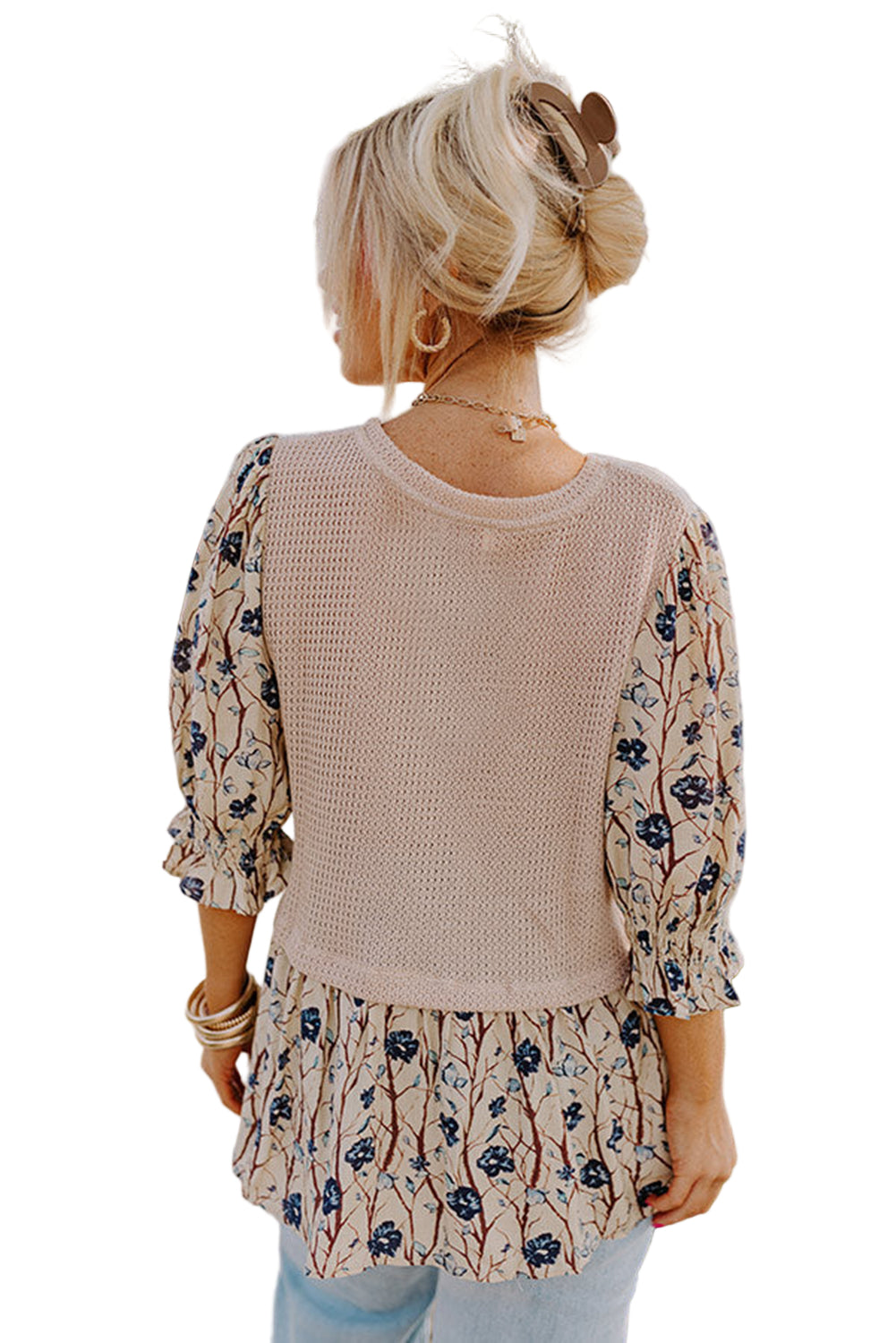 Beige Faux Two Piece Knit Patchwork Floral Plus Size Top Garden Naked Curves