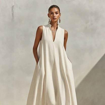 Linen Blend Sleeveless Stand-Collar Maxi Dress – 5 Colors S–3XL FitiqueFit