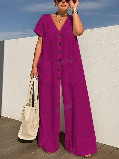 Single-breasted Pocket Elegant Solid Color Jumpsuit Grayceful LLC