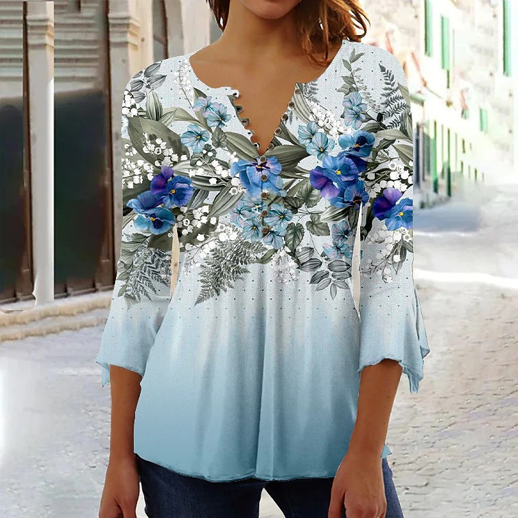 🌸 Asymmetrical Spike Button 3/4 Sleeve T-Shirt – Effortless Chic FitiqueFit
