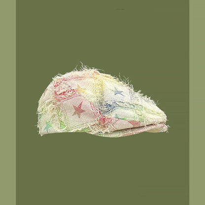 Colorful Plaid Star Distressed Beret — Korean Style Five-Pointed Hat FitiqueFit