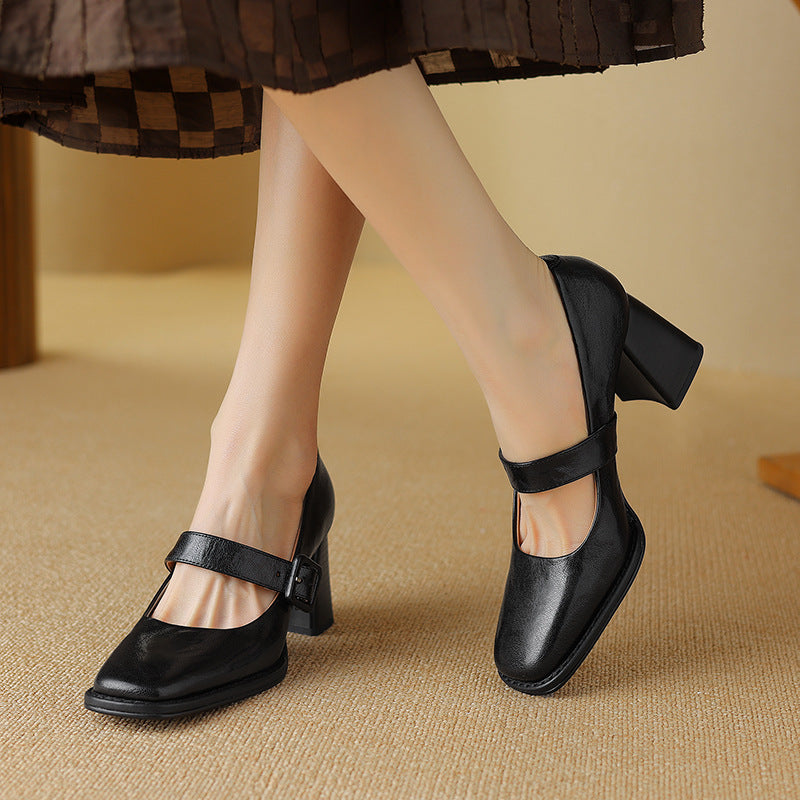 Women's Sheepskin Mary Jane Heels – Square Toe Chunky Heel Buckle Pumps FitiqueFit