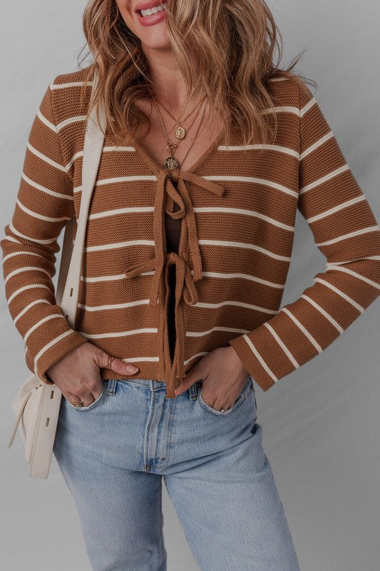 Stripe Tie-Front V-Neck Cardigan Sweater Shop Style & More | Fresh Looks, Everyday Deals & Free Shipping