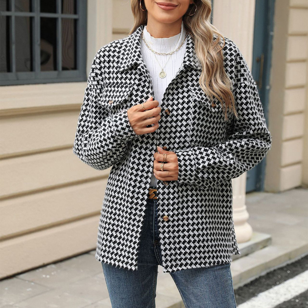 Fashion Houndstooth Lapel Tweed Coat Casual Loose Long Sleeve Jacket With Pocket Outwear Tops For Womens Clothing See size chart under “more details” The Fashion Celestial