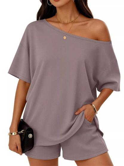 Full Size Boat Neck Tee and Shorts Set Plus Size New Era Fashion LLc
