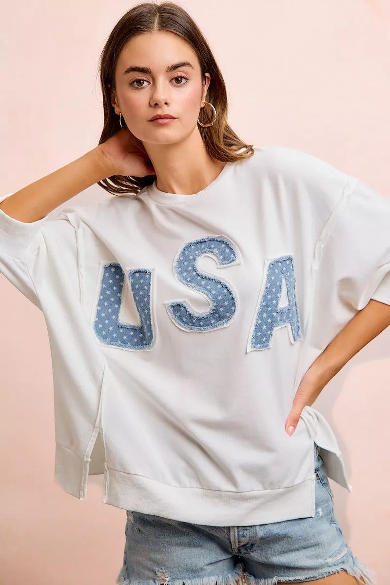 BiBi 4th Of July Usa Letter Patchwork French Terry Top New Era Fashion LLc