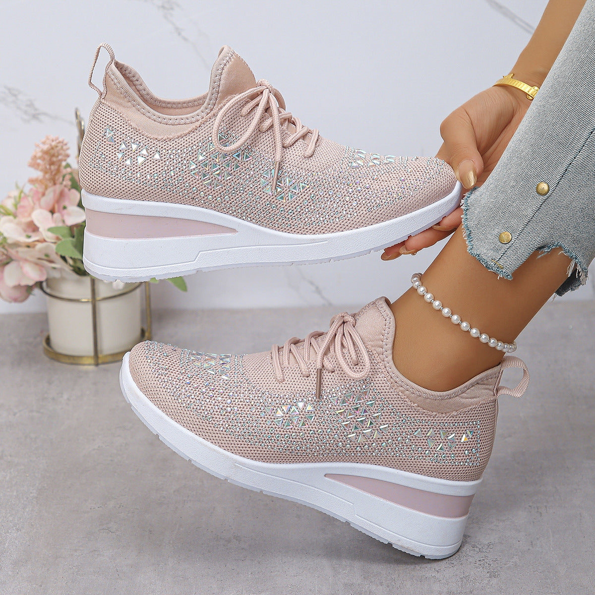 Ins Rhinestone Sneakers Fashion Lace Up Wedges Casual Shoes Women's Daily Commuting Sports Shoes See size chart under “more details” The Fashion Celestial