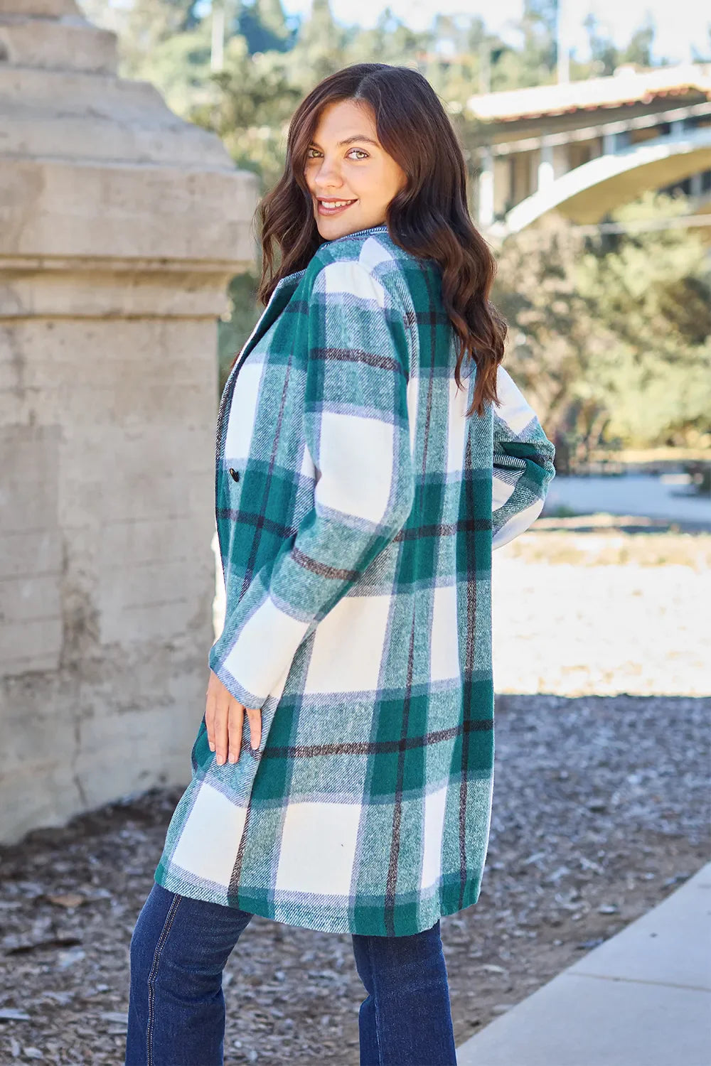 Double Take Full Size Plaid Button Up Lapel Collar Coat West2East Surf