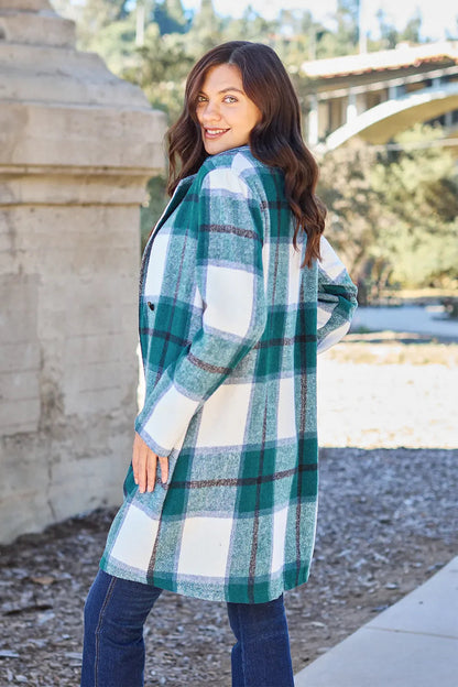 Double Take Full Size Plaid Button Up Lapel Collar Coat West2East Surf
