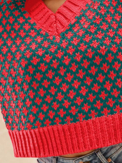 SO ME Color Block Textured Christmas Sweater V Neck Top West2East Surf