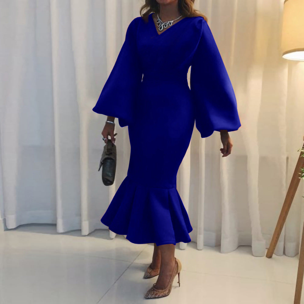 European And American Fashion Plus Size V-neck Long-sleeve Dress Grayceful LLC