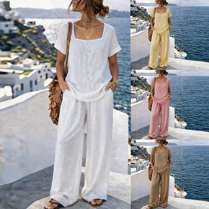 Women's Square-Neck Short-Sleeve Pantsuit – Cotton Blend Two-Piece Set FitiqueFit