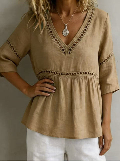 Women's V-Neck Hollow-Out Fringe Cotton-Linen Top FitiqueFit