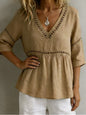 Women's V-Neck Hollow-Out Fringe Cotton-Linen Top FitiqueFit