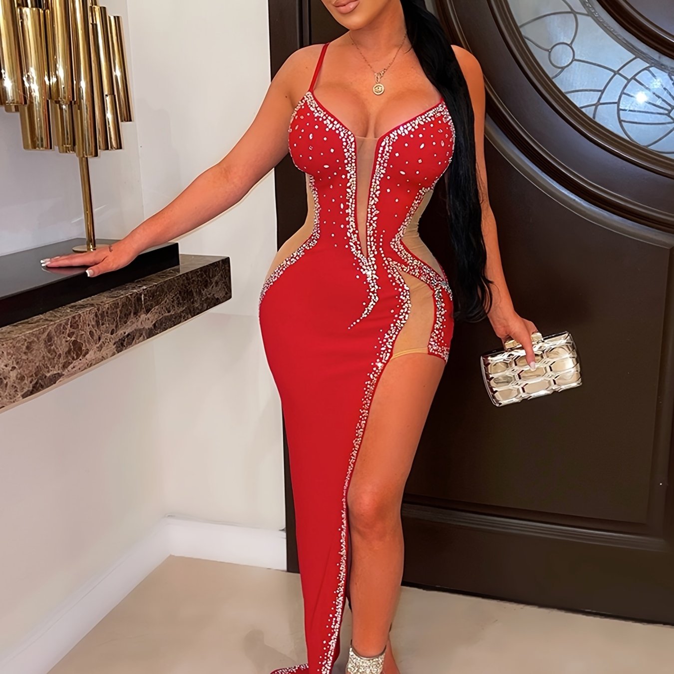 Women'S Sexy Rhinestone Long Dress, Asymmetrical Hem, Slingback, Sleeveless, Strapless Collar, Bodycon Knit Fabric, Polyester 95% Spandex 5% - All-Season Party Wear NovaCart