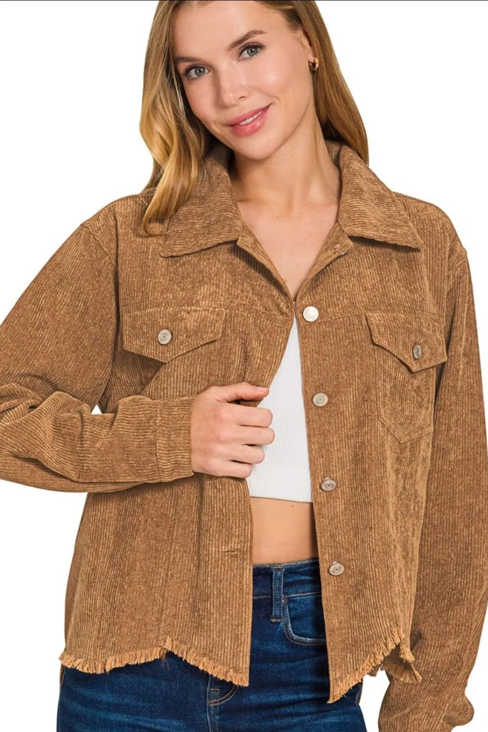 Zenana Distressed Corduroy Frayed Hem Cropped Jacket West2East Surf