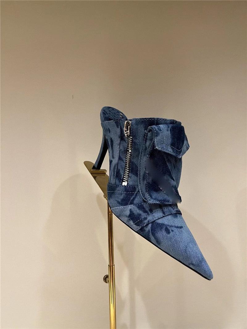 Women Pocket Denim Pointed Toe Heeled Ankle Boots Country in My Heart