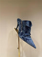 Women Pocket Denim Pointed Toe Heeled Ankle Boots Country in My Heart