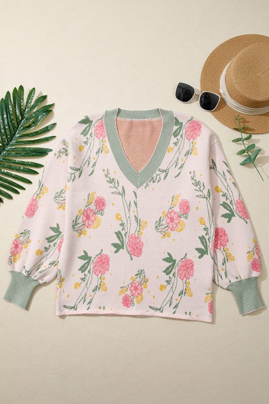 Floral Stripe Contrast V-Neck Sweater Shop Style & More | Fresh Looks, Everyday Deals & Free Shipping