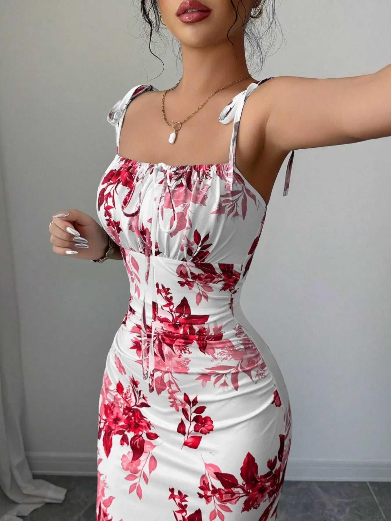 Printed Tie Strap Slit Maxi Dress New Era Fashion LLc