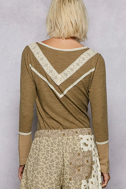 POL Ribbed Half Button Lace Detail Knit Top West2East Surf