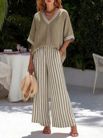 Women's Striped Tunic Top & Casual Trousers Two-Piece Set FitiqueFit