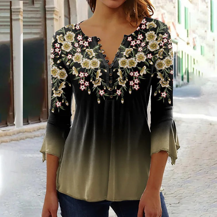 Women’s V-Neck 3/4 Sleeve Button-Front Tunic Blouse FitiqueFit