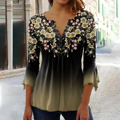 Women’s V-Neck 3/4 Sleeve Button-Front Tunic Blouse FitiqueFit