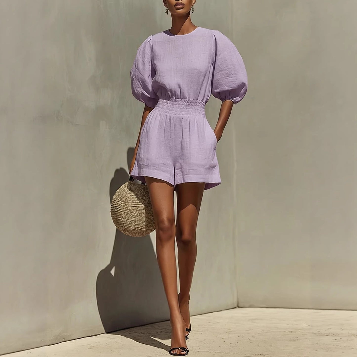 Women's Puff-Sleeve Top & Cropped Shorts Set – Casual Chic FitiqueFit