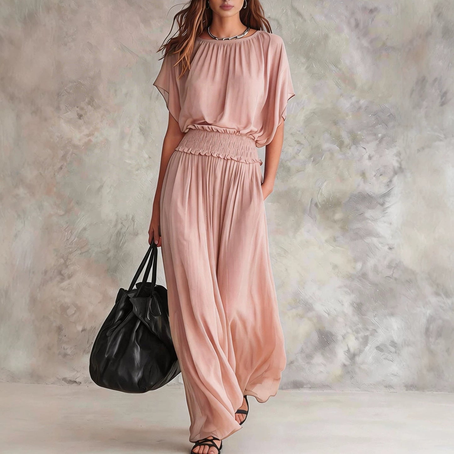 Women's Chiffon High-Waist Ruched Maxi Dress FitiqueFit