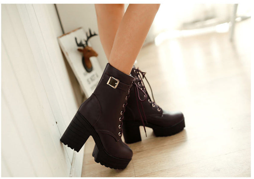 Women’s Chunky Heel PU Martin Boots | Large Size High Heel Boots FitiqueFit