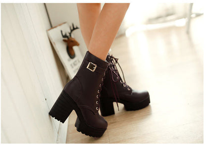 Women’s Chunky Heel PU Martin Boots | Large Size High Heel Boots FitiqueFit