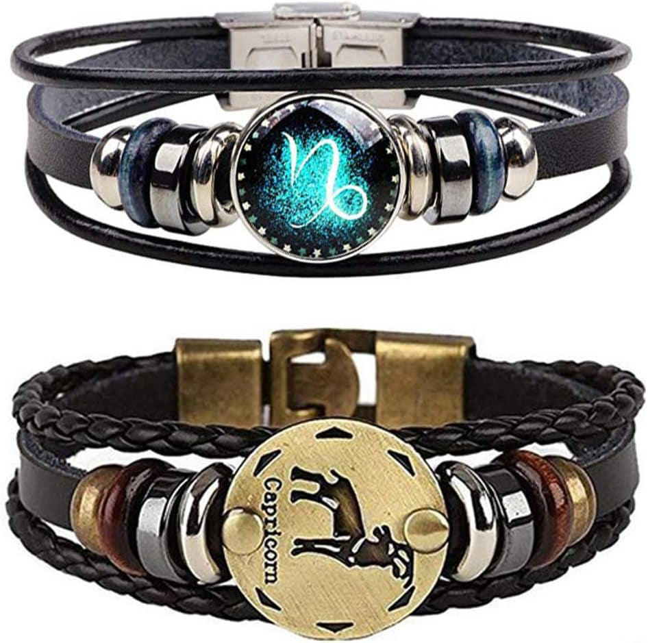 2Pcs Zodiac Bracelets for Women 12 Constellations Multilayer Leather Bracelet Handmade Woven Zodiac Sign Wrap Wristband Cuff Bracelet Zodiac Gifts for Birthday Christmas