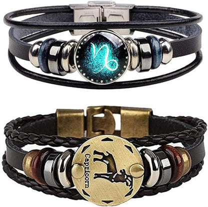 2Pcs Zodiac Bracelets for Women 12 Constellations Multilayer Leather Bracelet Handmade Woven Zodiac Sign Wrap Wristband Cuff Bracelet Zodiac Gifts for Birthday Christmas