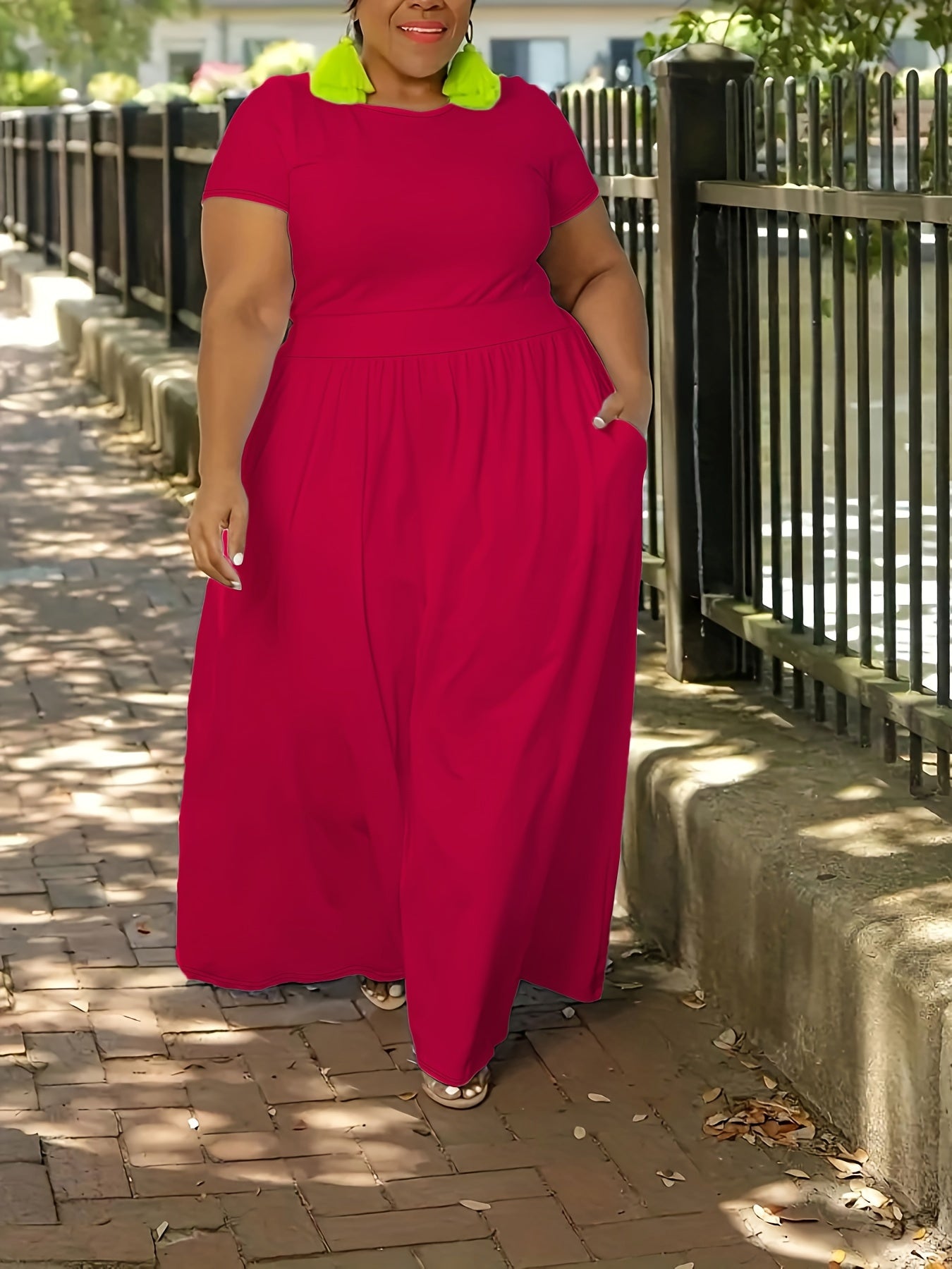 Plus Size Solid Short Sleeve Maxi Dress, Women's Plus Medium Stretch Elegant Long Dress NovaCart