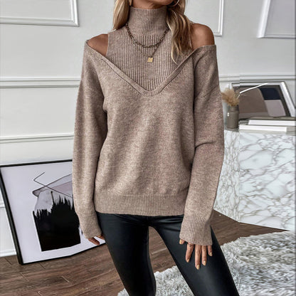 Women’s Elegant Off-Shoulder Turtleneck Sweater — Long Sleeve Knit Top FitiqueFit