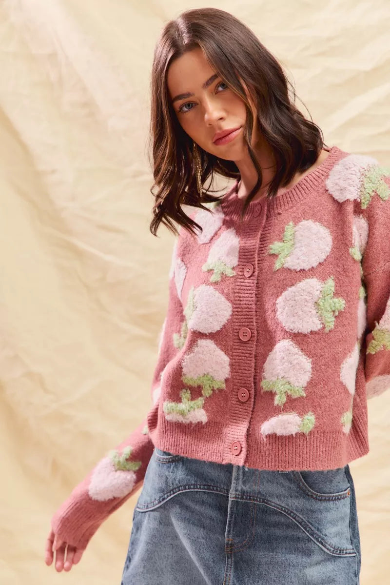 SO ME Strawberry Fruit All Over Button Sweater Cardigan FitiqueFit