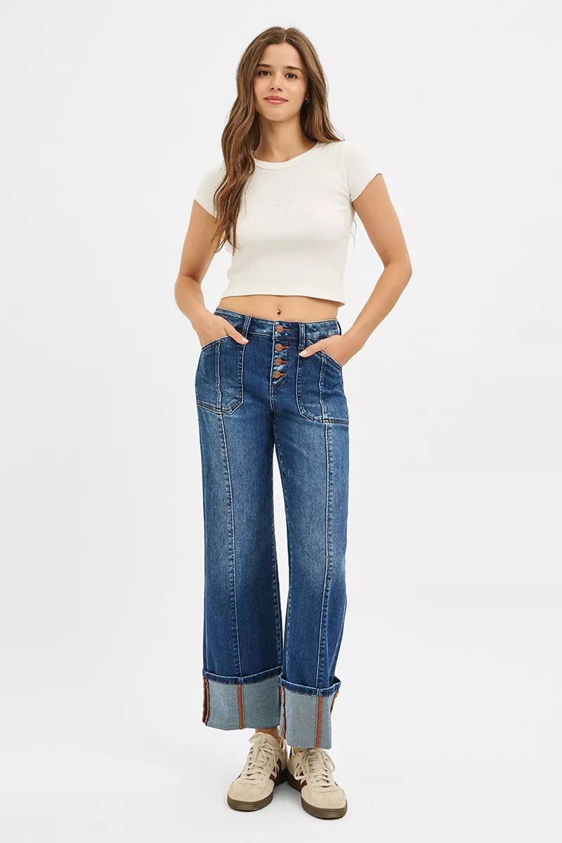 RISEN Full Size High Rise Crop Wide Straight Cuffed Jeans Plus Size Garden Naked Curves
