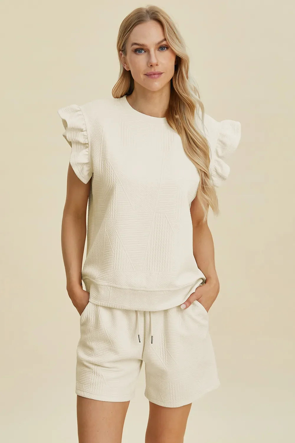 Double Take Full Size Texture Round Neck Ruffle Sleeve Top and Shorts Set West2East Surf