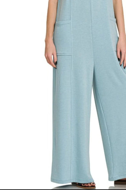 Zenana French Terry Deep V Neck Jumpsuits West2East Surf