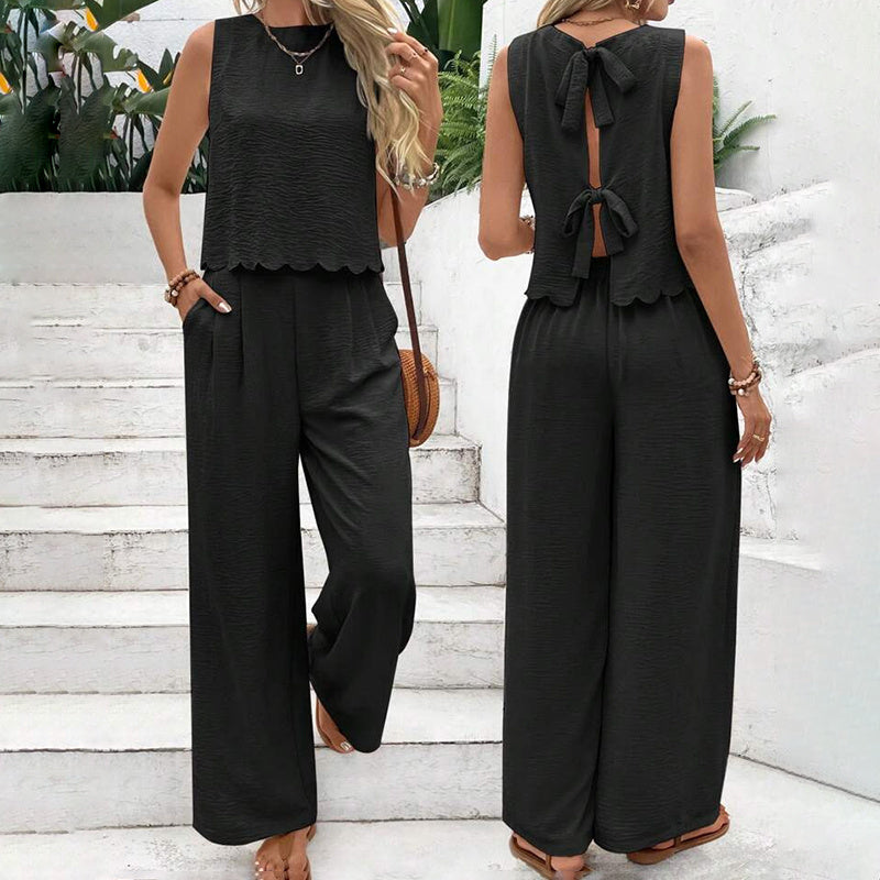 Elegant 2-Piece Matching Set, Sleeveless Crop Top And Wide Leg Pants Outfits FitiqueFit